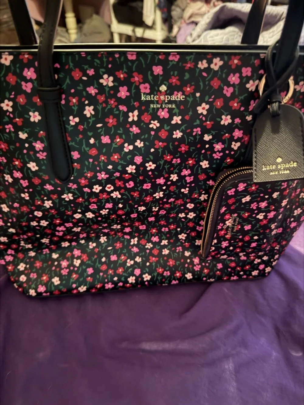 kate spade Black Floral Tote with Pink Accent Pouch - Picture 4 of 5
